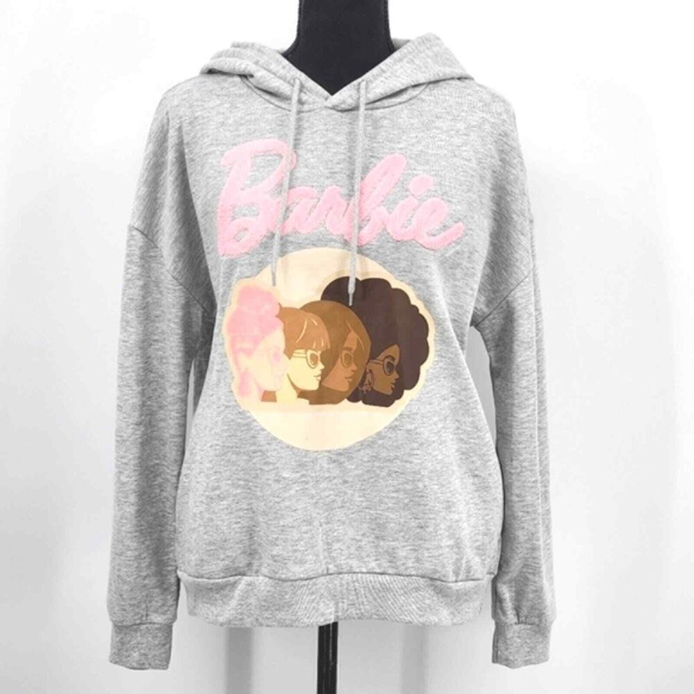 Barbie Doll Profiles Fleece Hoodie Sweatshirt Womens Junior Size Large Grey Pink